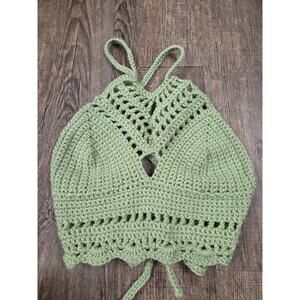 Handmade Crochet Women's Small Bralette Halter Cross Tie Back Top Green